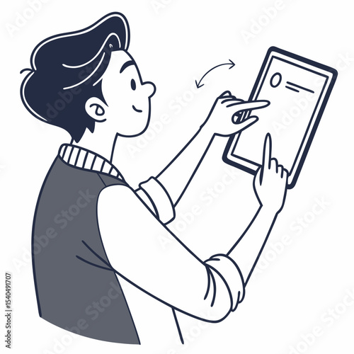Young man using tablet rotating screen interface