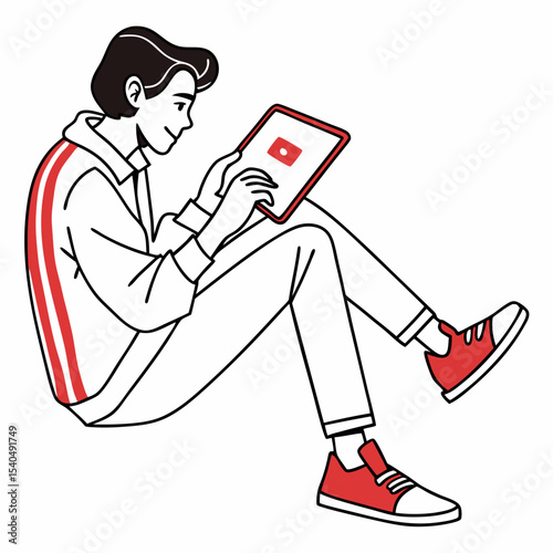 Young man relaxing watching videos tablet