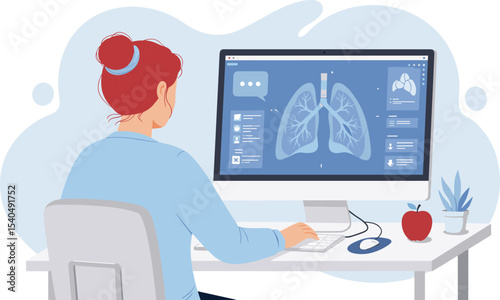 Healthcare Professional Analyzing Lung Imaging on Computer Screen with Medical Tools and Healthy Snacks Nearby flat vector illustration