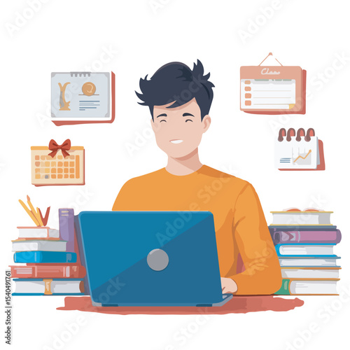 Modern flat vector of a smiling young man learning online on a laptop, surrounded by books and calendars. Transparent background design, ideal for distance education and e-learning.