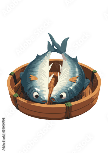 Mackerel fish in Bamboo basket packaging, with brown label fish product, isolated on white background ,Popular food in Thailand, Mackerels on basket .
