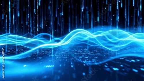 Blue neon waveforms moving with flow and sparkle in a digital matrix