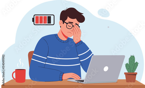 Stressed Man Working on Laptop with Low Battery, Coffee, and Cactus in Background flat vector illustration
