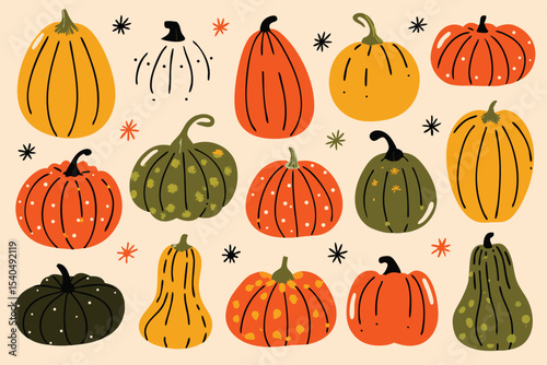 Variety of Hand Drawn Pumpkins in Different Shapes and Colors for Fall