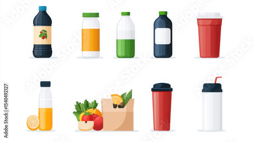Refreshing Drinks Selection: A vibrant assortment of refreshing drinks in various bottles and containers, perfect for illustrating diverse beverage options, suitable for design needs.