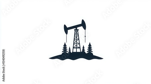 Oil Pump and Forest Silhouette: A black and white silhouette graphic art of an oil pump surrounded by forest trees creating a blend of industry and nature