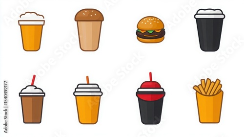 Fast Food Delight: A colorful array of delicious fast food items, including soda, fries and burger, perfect for advertising and menus.