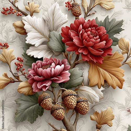 Seasonal botanical design featuring white and red flowers with foliage high resolution image
