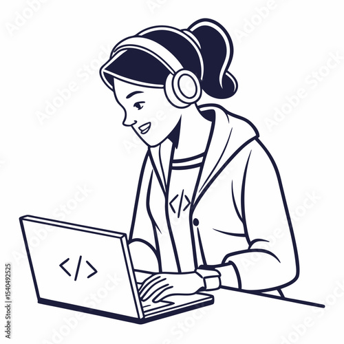 Young woman programmer coding on laptop headphones