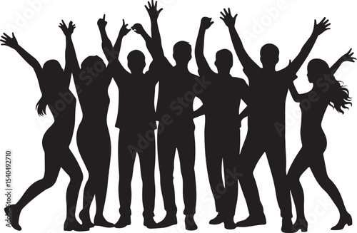 Cheerful group of people dancing and celebrating with arms raised in happiness showing unity fun joy and party vibes