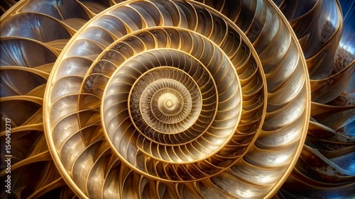 Elegant close-up of a golden nautilus shell displaying the spiral design and internal compartments, showcasing nature's perfect geometry.
