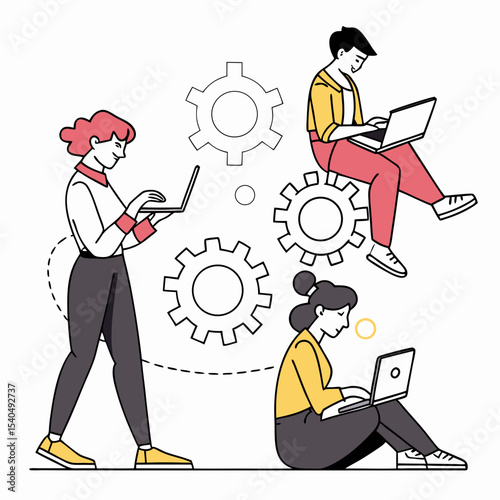 Teamwork collaboration technology gears laptop computers