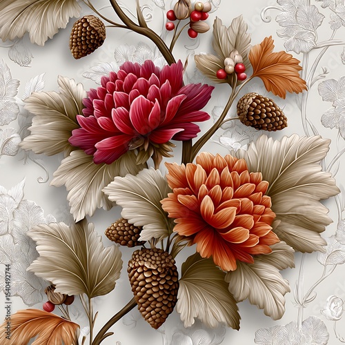 Beautiful vintage style fall flowers with oak leaves and berries high resolution image