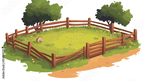 A digital illustration depicting a small, enclosed pasture. The pasture is predominantly green, with a wooden fence surrounding it. Two small trees are positioned near the fence