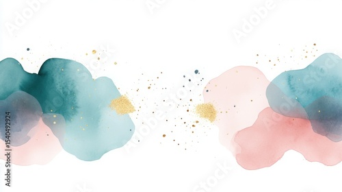 Abstract Watercolor Bliss: Delicate watercolor strokes of serene teal and soft blush hues dance across the canvas, accented by touches of golden glitter, invoking a sense of ethereal calm.