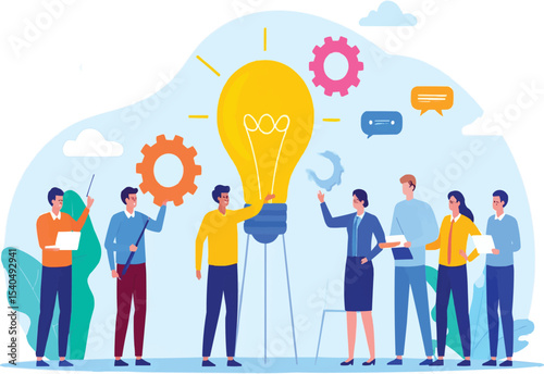Team collaboration and innovation shown with lightbulb and gears illustration on transparent background