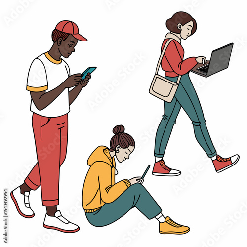 Diverse young adults using smartphones and laptop