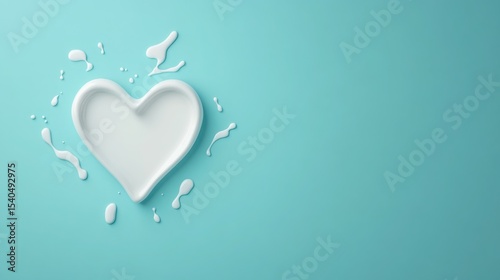 Creamy Heart: A delicate heart shape formed from creamy white liquid, resting gently against a clean, aquamarine backdrop, evoking feelings of purity, love, and freshness.