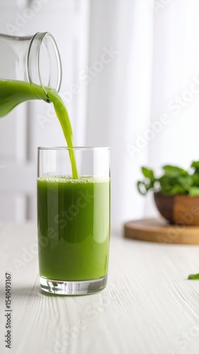 pouring fresh green juice into glass on white wooden table with bowl of greens behind it