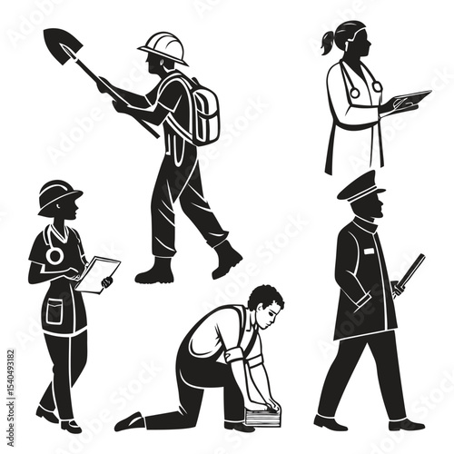 Silhouette illustrations depicting professionals including a doctor firefighter and policeman