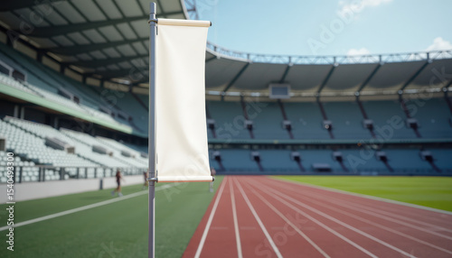 Flag banner mockup. Vertical flag banner mockup at stadium track field