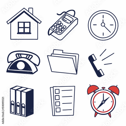 Simple office icons home clock phone files