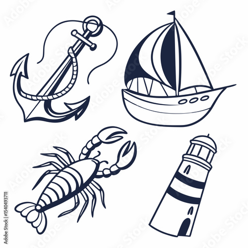 Nautical icons anchor sailboat lobster lighthouse