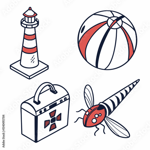 Summer vacation icons lighthouse beach ball dragonfly first aid kit