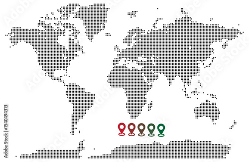 Squire shape dotted map with geographic world feature feathering world boundary
