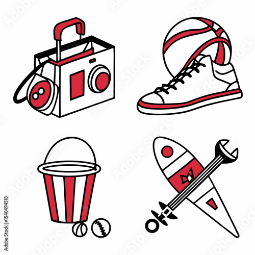 Red and white illustrated sport and leisure icons