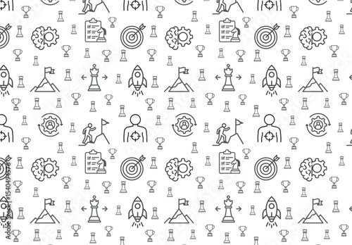  Line Art Business Strategy  seamless pattern . corporate business, gear, chart, infographic, data analysis, analytics, process, strategy, workflow, optimization, planning, management.
