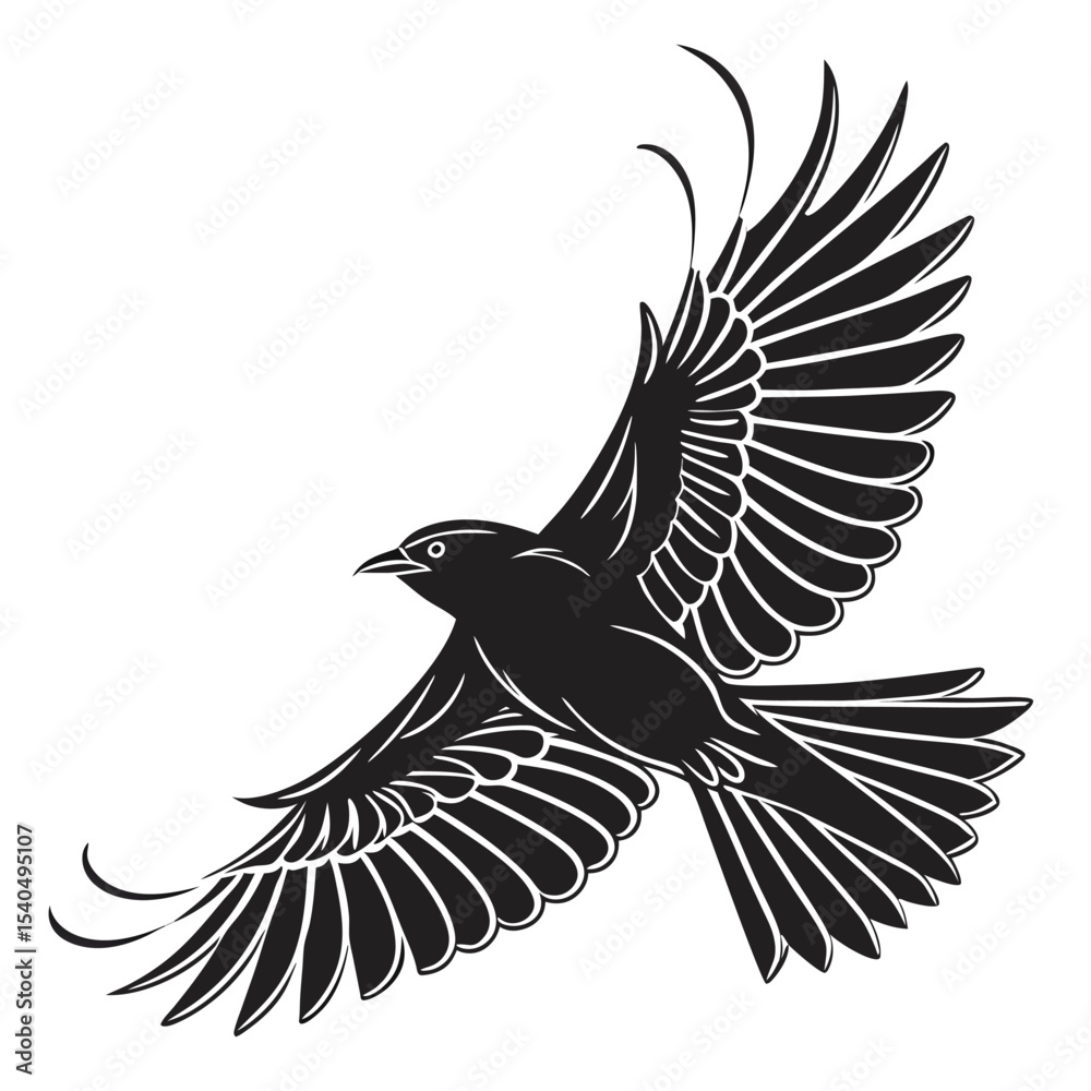 Obraz premium Striking black bird in flight silhouette isolated on white background artwork