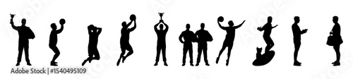 People in different styles standing with balls in their hands vector illustration set