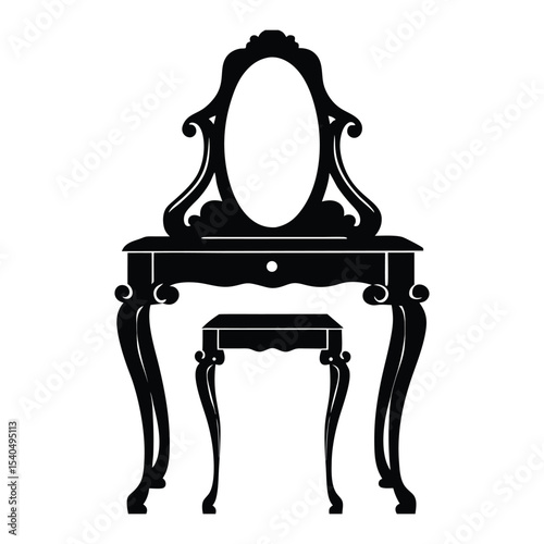 black and white illustration of a dressing table and mirror.