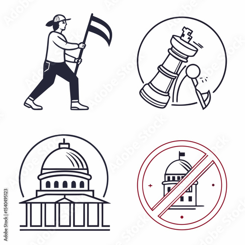 Person holding flag, chess king, capitol building, no capitol