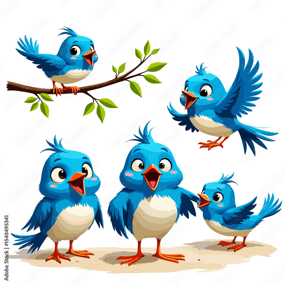 Naklejka premium Blue Birds Flying - Happy Cartoon Animal Stock Illustration
