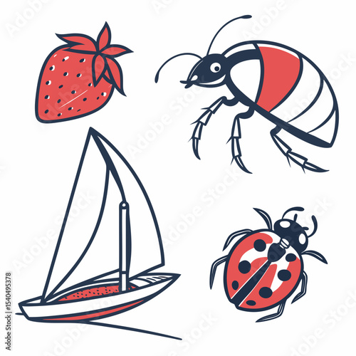 Summer fun strawberry ladybug sailboat illustration