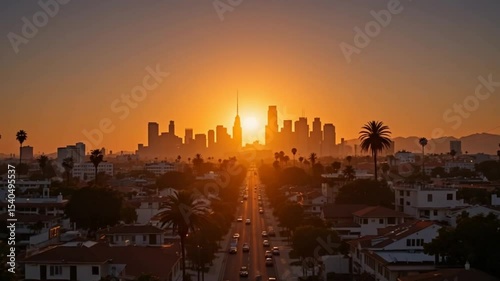 Stunning Sunset Over Los Angeles Cityscape with a Road Lined by Palm Trees