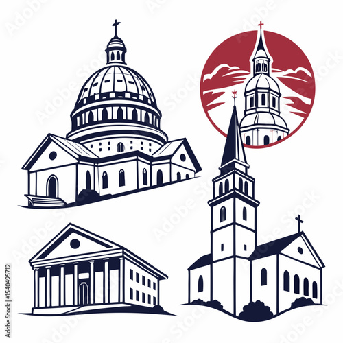 Professional church building icons set isolated on white