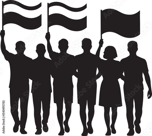 group of protesters standing together in silhouette waving flags showing unity voice revolution freedom and movement