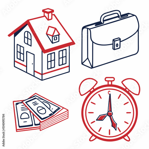 House, briefcase, money, alarm clock time is money concept