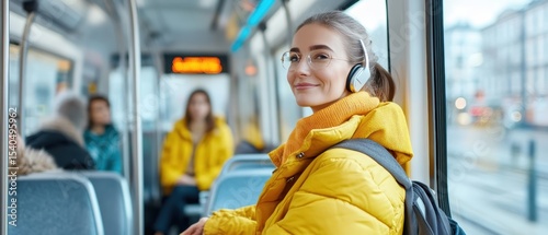 A young woman wearing glasses and headphones smiles while sitting on a bus, dressed in a yellow jacket with a backpack, with blurred passengers in the background.