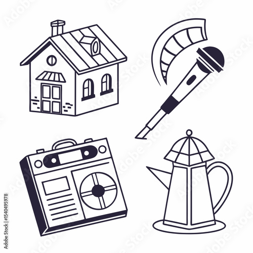 Professional line art icons house music coffee pot microphone