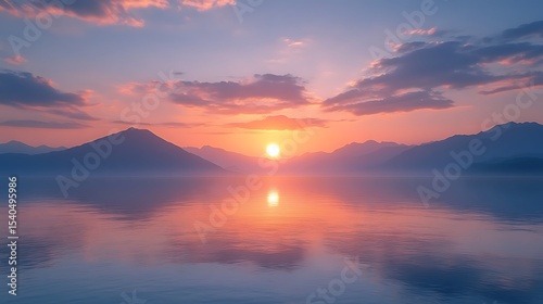 A serene landscape photograph of a calm lake at the peak of the summer solstice, reflecting the brilliant sunlight A faint, mystic glow emanates from beneath the water surface, suggesting a hidden