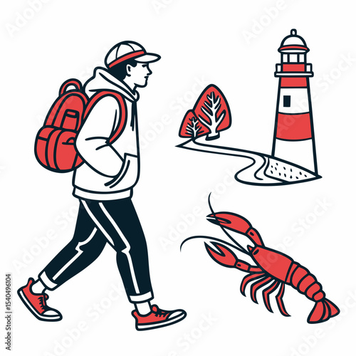 Coastal adventure backpacker lighthouse lobster illustration