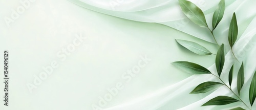 Gentle green leaves rest on a soft, flowing white fabric background, creating a serene and natural atmosphere.