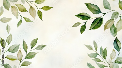 Soft watercolor painting of green leaves on delicate branches framing a pale background.