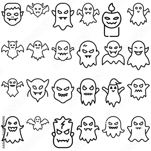Collection of halloween themed outlined illustrations featuring ghosts bats and a candle with a spooky face