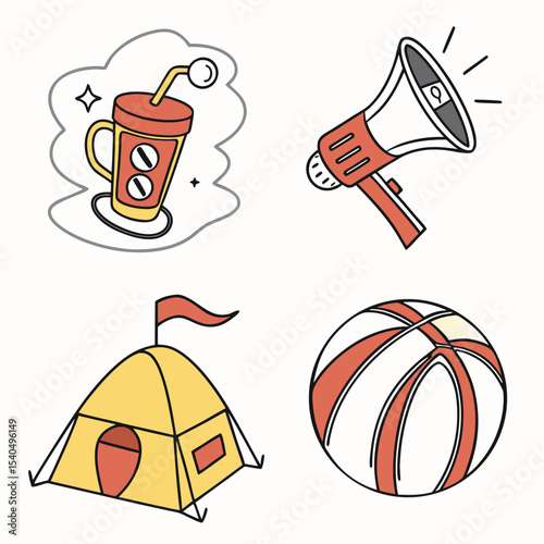Cute cartoon icons set camping drink megaphone ball