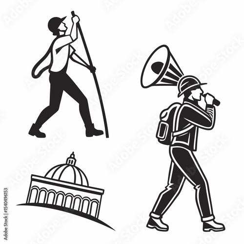 Exploring city landmarks with a guide and megaphone